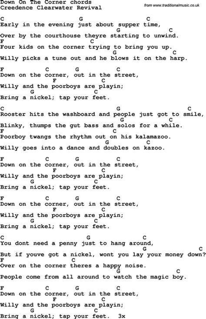 Down on the corner by the traffic lyrics